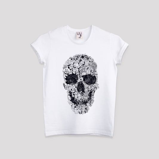 Doodle Skull Kids Tshirt, Sugar Skull Drawing Children's T-Shirt, Cute Skull Kids Graphic Tee,Black And White T Shirt,Skull Art By Ali Gulec