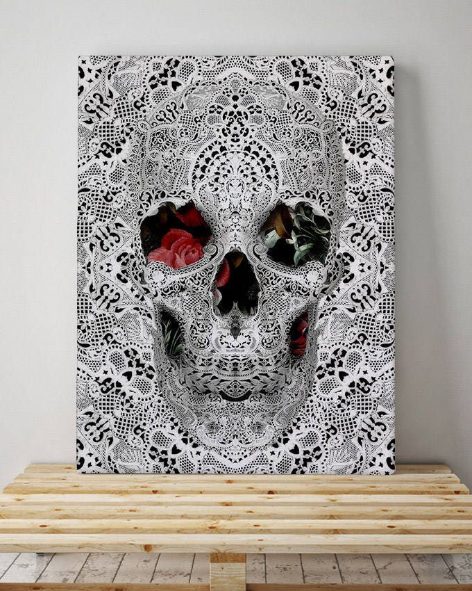 Set of 3 Skull Canvas Print, Black And White Skull Set Wall Art, Sugar Skull 3 Piece Canvas Home Decor, Gothic Skull Art Print By Ali Gulec
