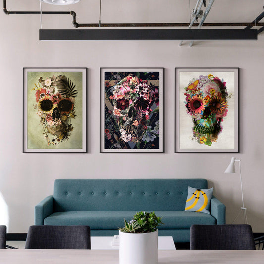 Set Of 3 Skull Art Prints, Flower Skull Home Decor Set, Floral Skull Poster Set, Sugar Skull Wall Art Gift, Skull Illustration By Ali Gulec