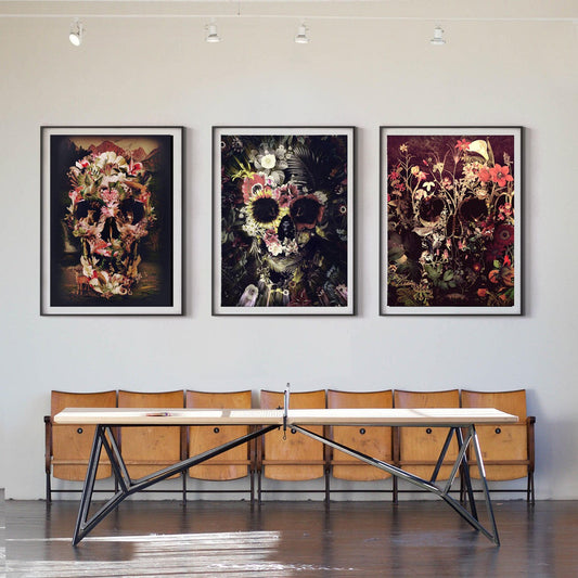 Set Of 3 Skull Art Prints, Floral Skull Print Home Decor, Dark Flower Sugar Skull Poster Set, Gothic Skull Illustration Wall Art Print Gift