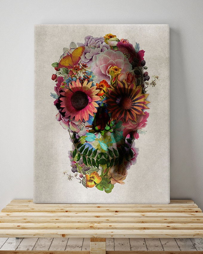 Set of 2 Canvas Prints, Sugar Skull Canvas Set, Floral Skull 2 Piece Canvas Decor, Flower Skull Wall Art, Gothic Home Decor Gift, Boho Art