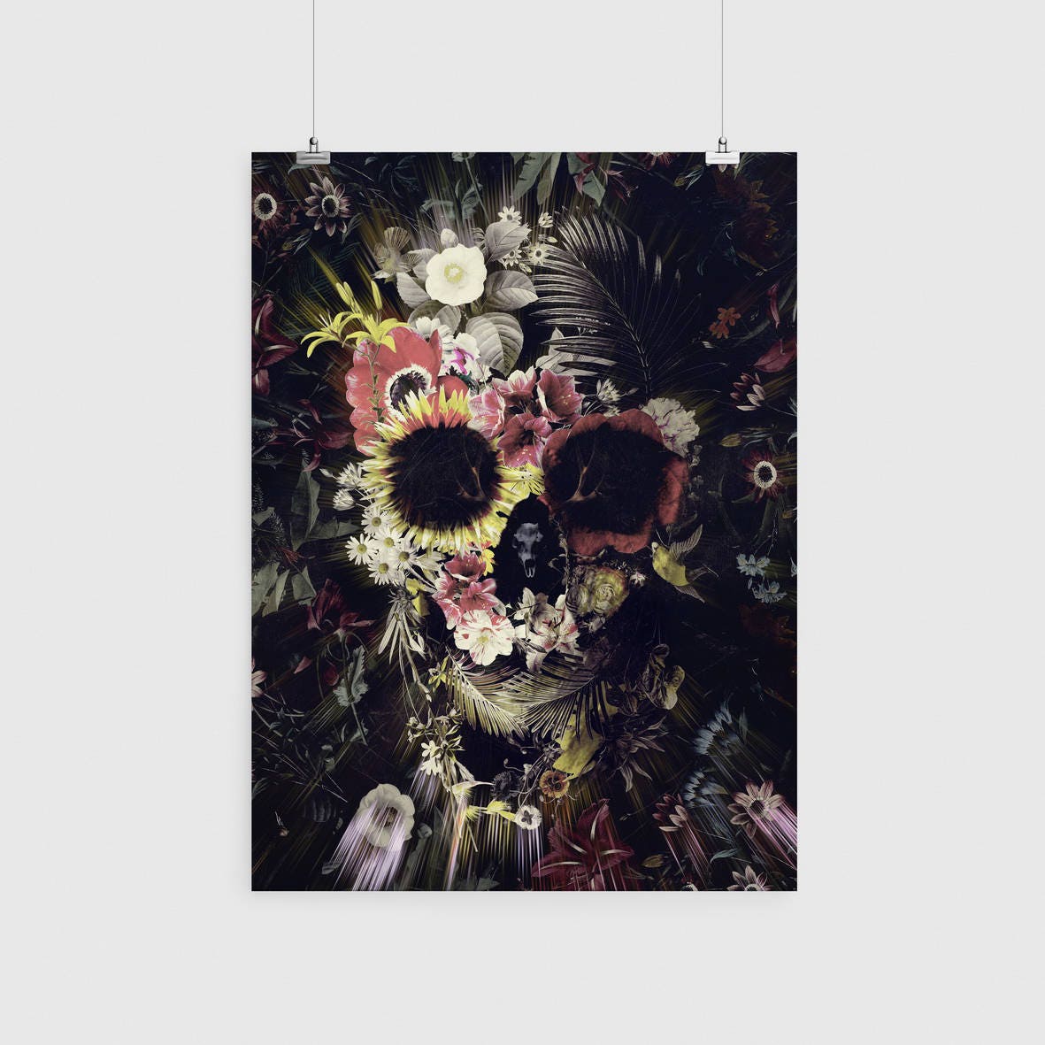 Set Of 3 Flower Skull Prints, Nature Skull Set Home Decor, Skull Poster Set, Sugar Skull Wall Art Gift, Floral Skull Art Prints By Ali Gulec