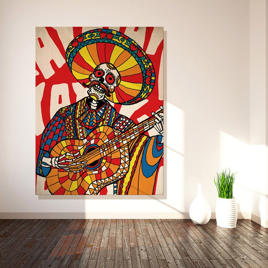 Mariachi Canvas Print, Mexican Sugar Skull Wall Art, Skull Stretched Canvas Art Extra Large Home Decor,Original Skull Art Print By Ali Gulec