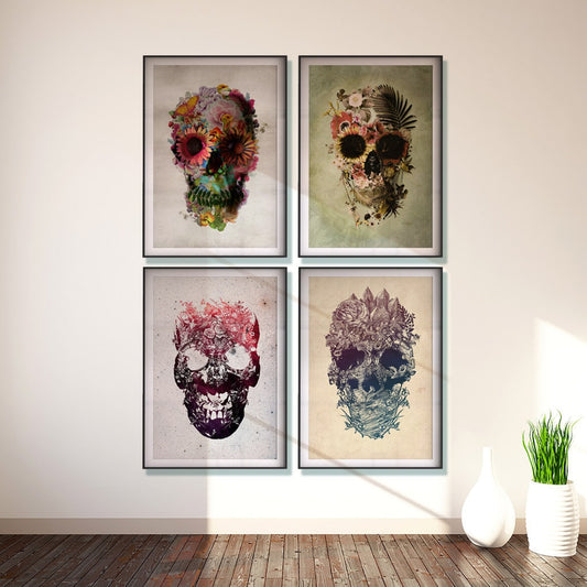 Set Of 4 Skull Prints, Flower Skull Set Home Decor, Sugar Skull Art Print Set, Boho Art Gift,  Floral Skull Poster Set, Gothic Wall Art Gift