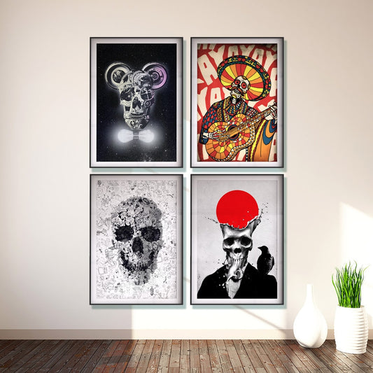 Set Of 4 Skull Print, Gothic Skull Poster Set, Sugar Skull Art Print Home Decor, 4 Piece Skull Print Set