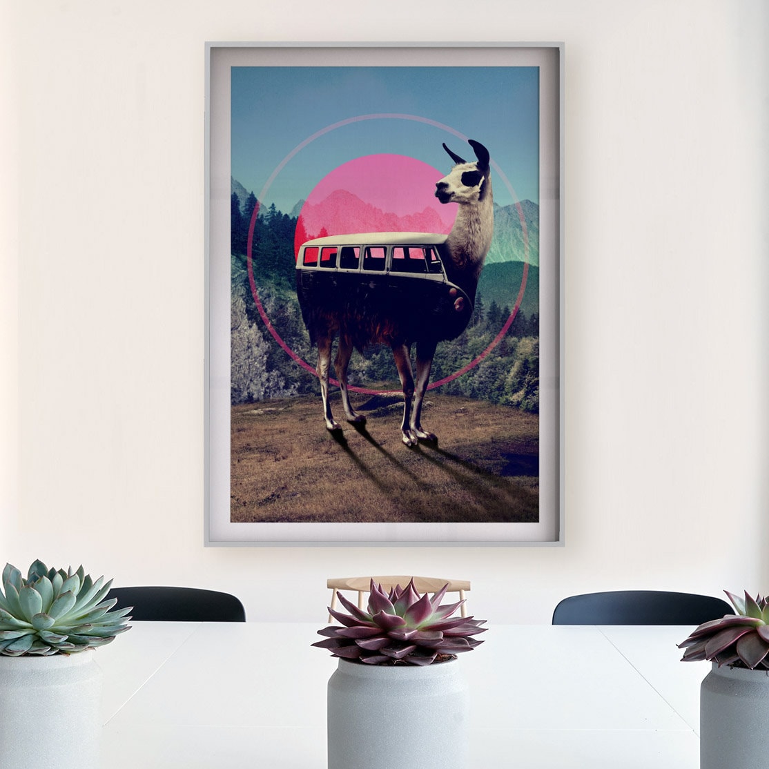 Llama Art Print, Funny Animal Wall Art, Hippie Adventure Poster, Animal Art Home Decor Gift, Llama Bus Travel Art, Illustration By Ali Gulec