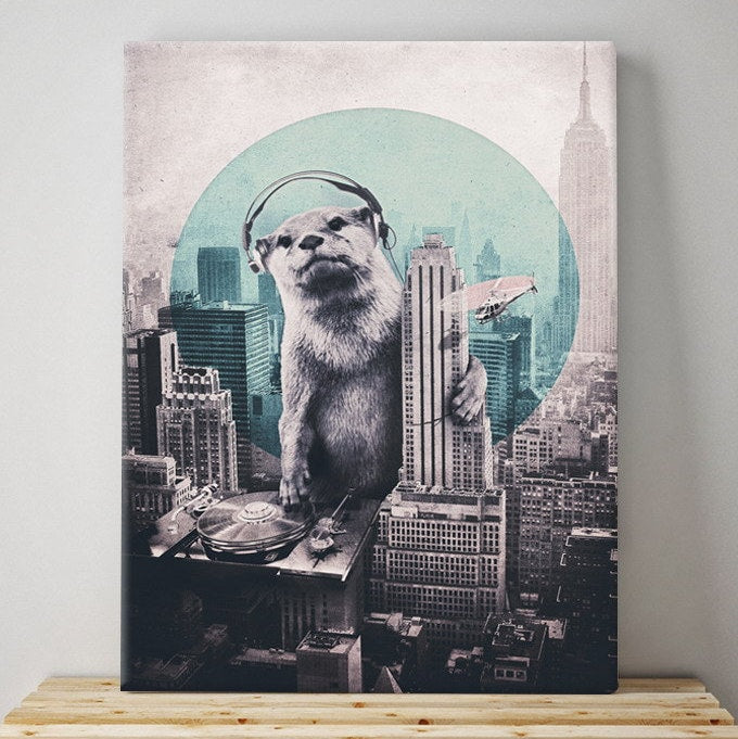 Otter Canvas Print, Giant Funny Otter Wall Art Print, Funny Animal Art Home Decor, Music DJ Stretched Canvas Wall Decor Gift, Gift For DJ