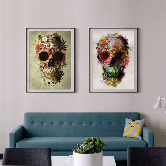 Skull Set Of 2 Art Print, Flower Skull Home Decor, Floral Skull Poster Set, Sugar Skull Wall Art Print Gift, Skull Illustration By Ali Gulec