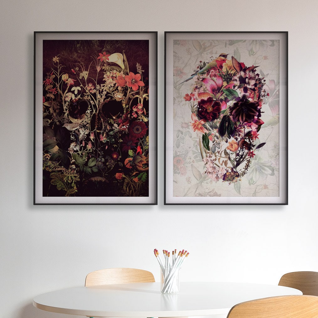 Set Of 2 Skull Art Print, Flower Skull Print Poster Set, Floral Skull Art Botanical Print Home Decor, Sugar Skull Illustration Wall Art Gift