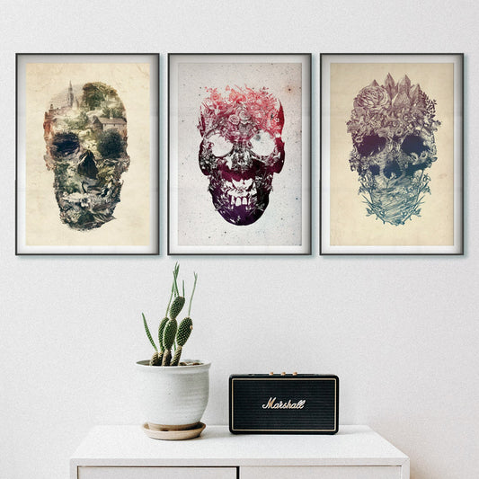 Set Of 3 Skull Prints, Vintage Skull Set Home Decor, Floral Skull Poster Set, Sugar Skull Wall Art Gift, Flower Skull Art Print By Ali Gulec