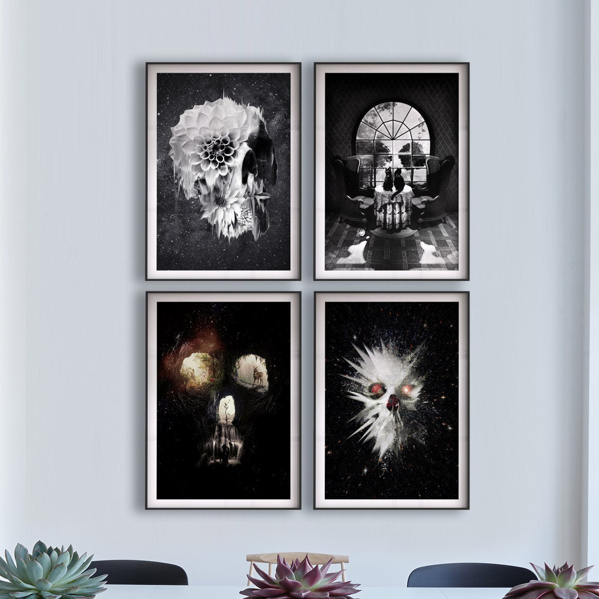 Set Of 4 Dark Skull Prints, Skull Art Set Home Decor, Sugar Skull Art Prints, Wall Art Gifts,  Flower Skull Poster, Black Skull Graphic Set