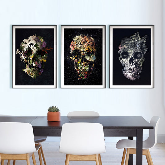 Set Of 3 Skull Art Print, Floral Dark Skull Set Home Decor, Sugar Skull Poster Set, Flower Skull Wall Art Gift, Gothic Home Decor Art Print