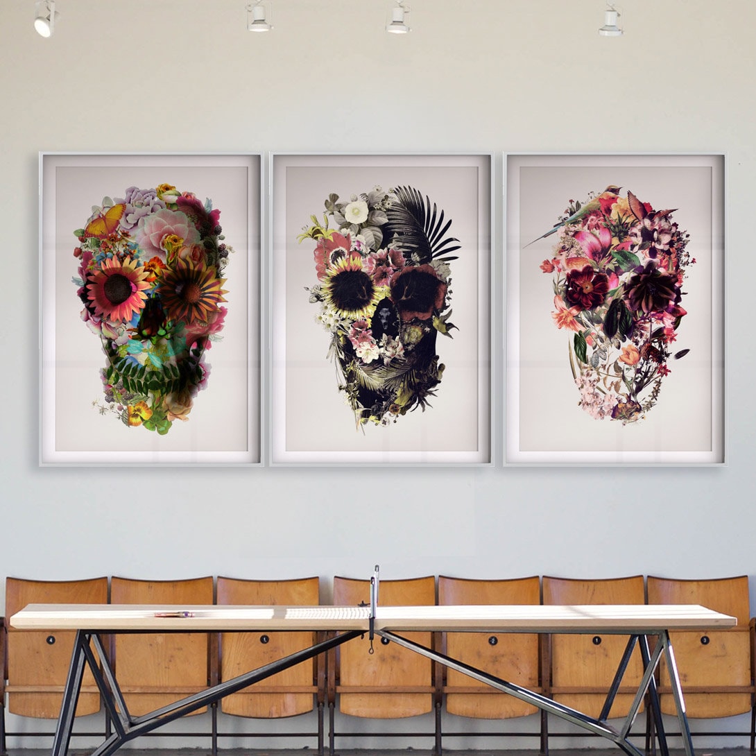 Set Of 3 Skull Art Print, Flower Skull Art Poster Set Home Decor, Sugar Skull Wall Art Gift Poster Set, Instant Download Printable Skull Art