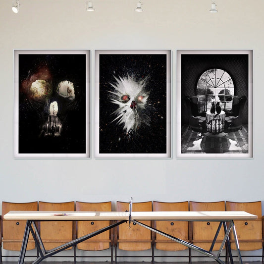 Set Of 3 Skull Print, Dark Skull Poster Set Home Decor, Black Skull Set Wall Art Gift, Gothic Sugar Skull Art Print Black And White Poster