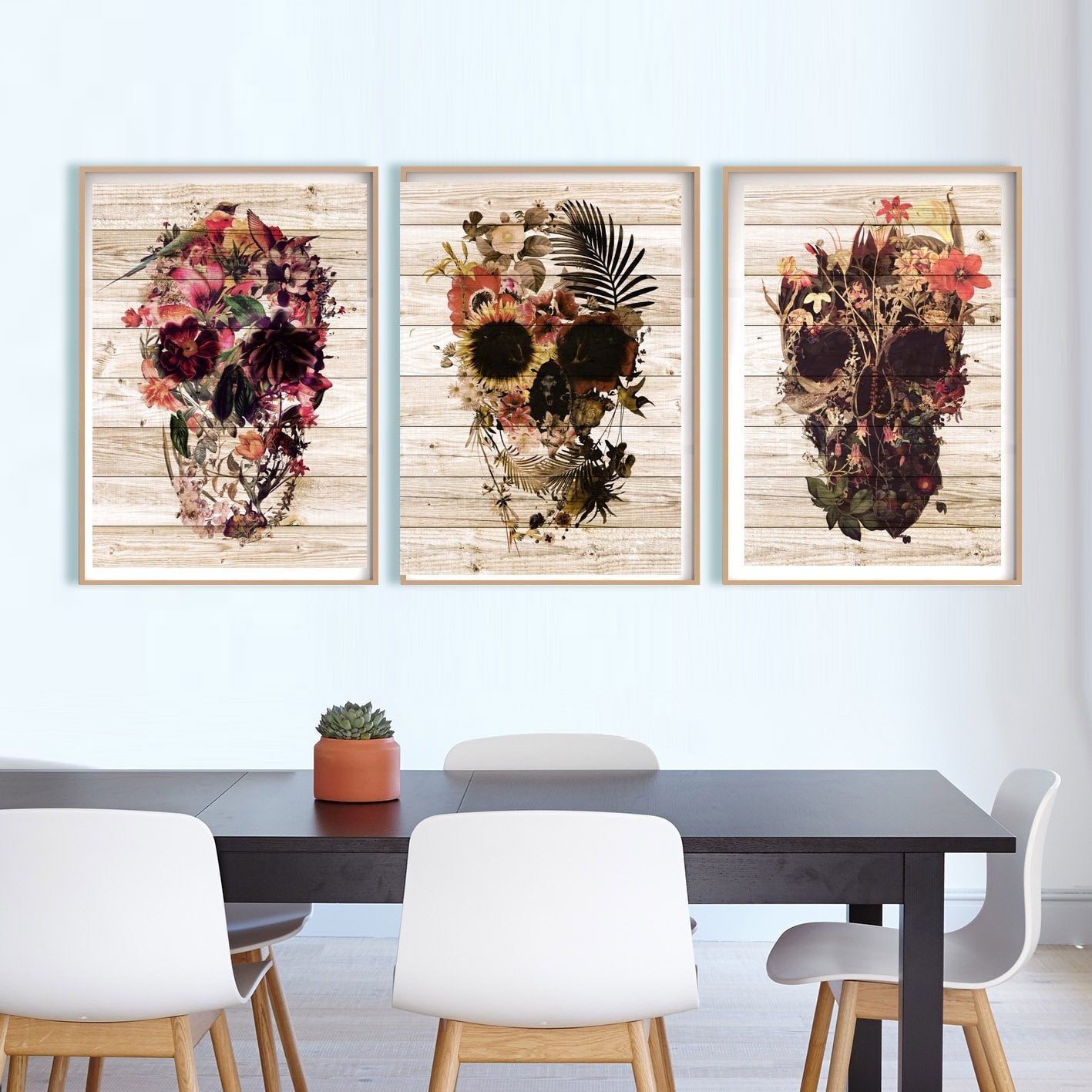 Set Of 3 Skull Art Prints, Wood Texture Background Skull Set Home Decor, Floral Rustic Skull Poster Set, Sugar Skull Print Set Wall Art Gift