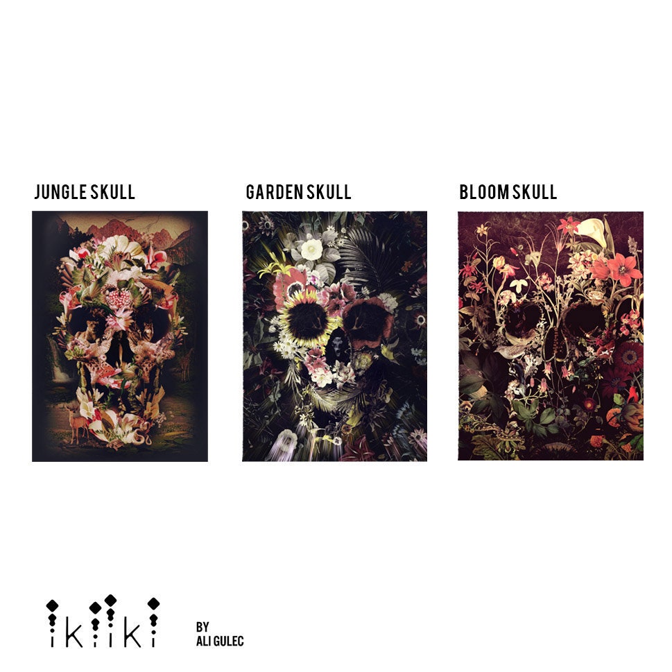 Set Of 3 Flower Skull Prints, Nature Skull Set Home Decor, Skull Poster Set, Sugar Skull Wall Art Gift, Floral Skull Art Prints By Ali Gulec