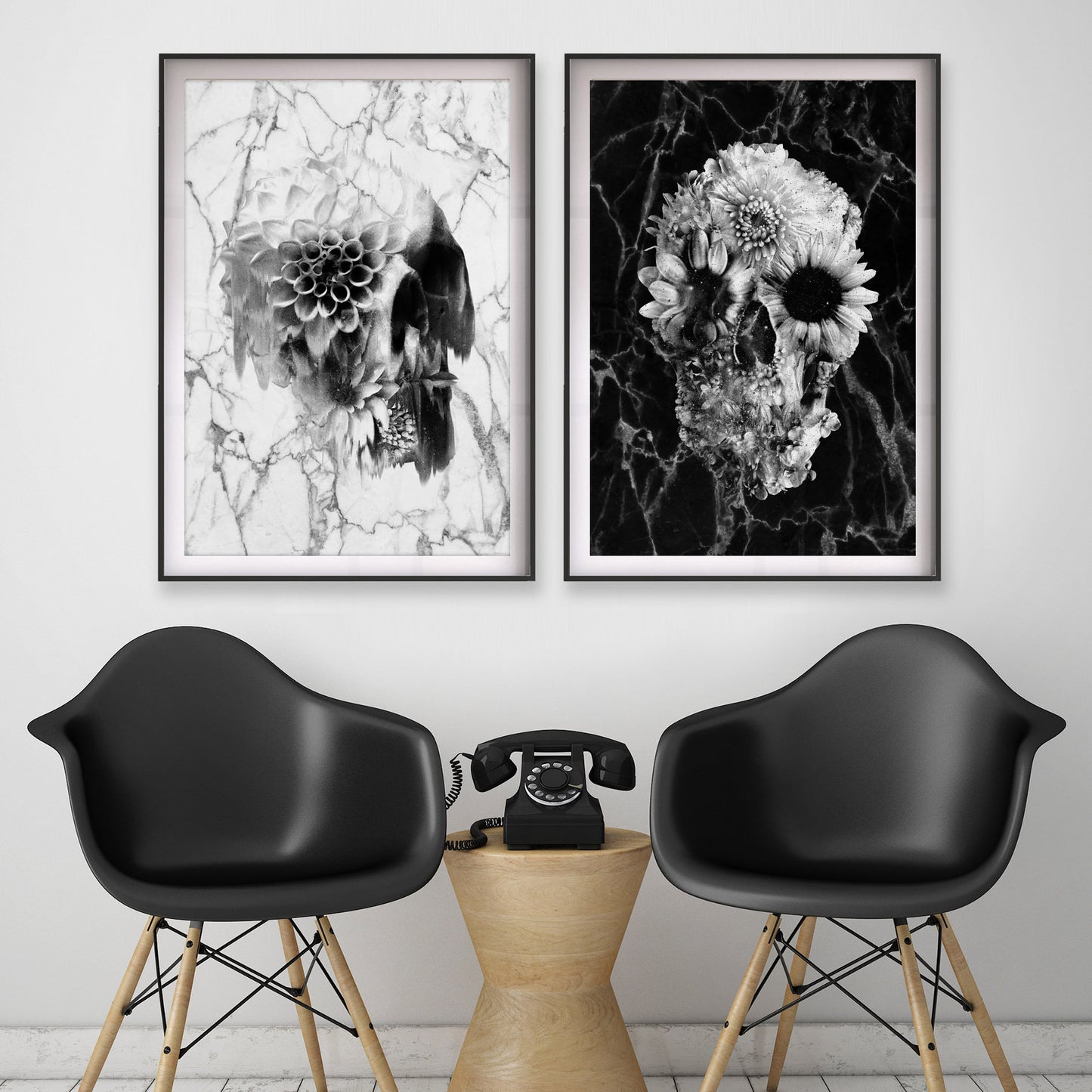 Set Of 2 Marble Skull Print, Sugar Skull Poster Set Home Decor, Flower Skull Wall Art Gift Instant Download Printable Black And White Skull