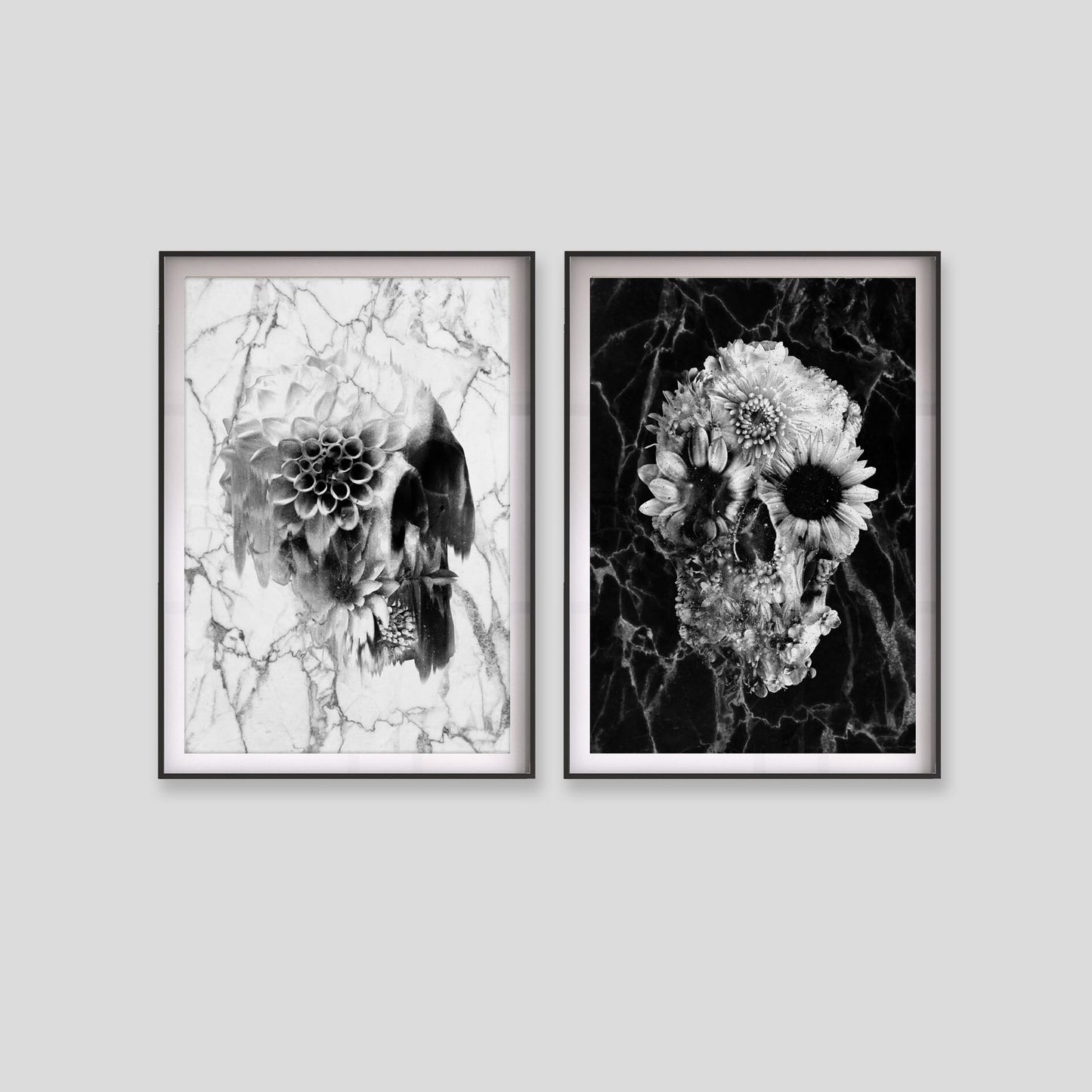 Set Of 2 Marble Skull Print, Sugar Skull Poster Set Home Decor, Flower Skull Wall Art Gift Instant Download Printable Black And White Skull