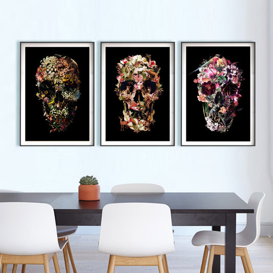 Set Of 3 Skull Art Print, Dark Skull Set Home Decor, Flower Skull Poster Set, Gothic Sugar Skull Wall Art Gift, Floral Skull Art Decor Gift