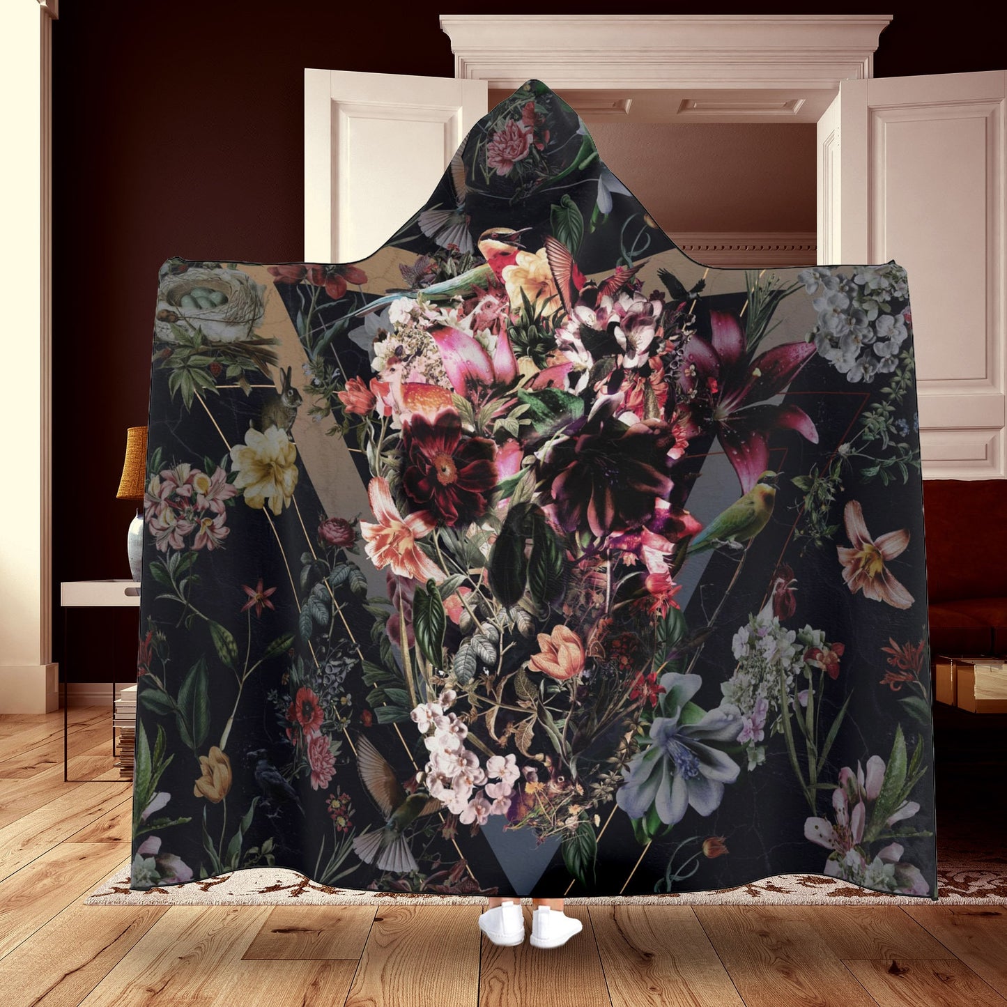 Floral Hooded Blanket, Flower Skull Cape Blanket, Gothic Sugar Skull Cozy Blanket Gift, Floral Skull Hooded Blanket Gift, Boho Skull Blanket
