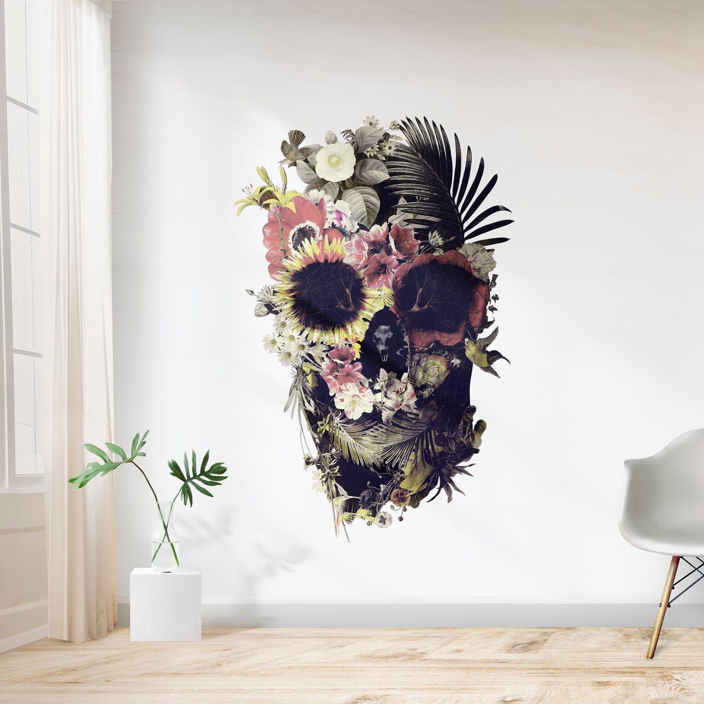 Garden Skull Wall Decal, Floral Skull Art Wall Sticker, Sugar Skull Wall Art Home Decor, Gothic Skull Wall Art Gift, Boho Flower Wall Decal