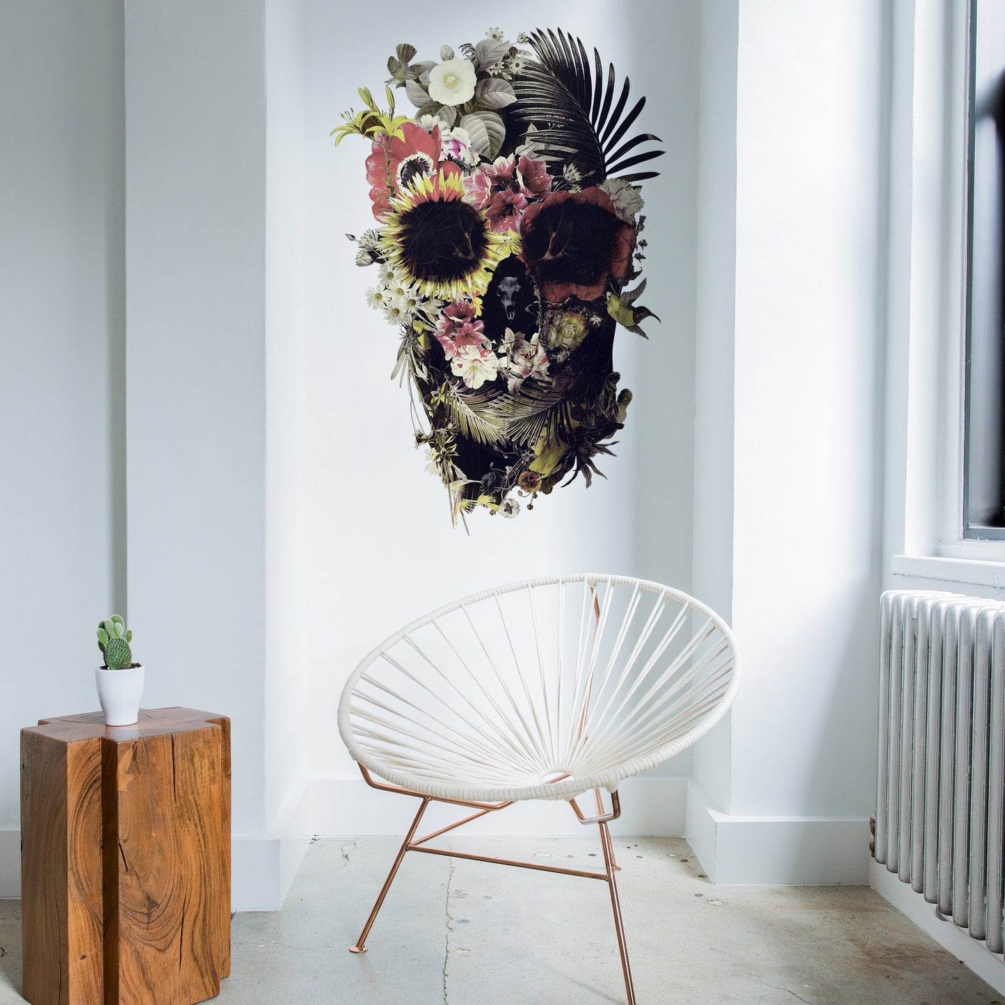 Garden Skull Wall Decal, Floral Skull Art Wall Sticker, Sugar Skull Wall Art Home Decor, Gothic Skull Wall Art Gift, Boho Flower Wall Decal