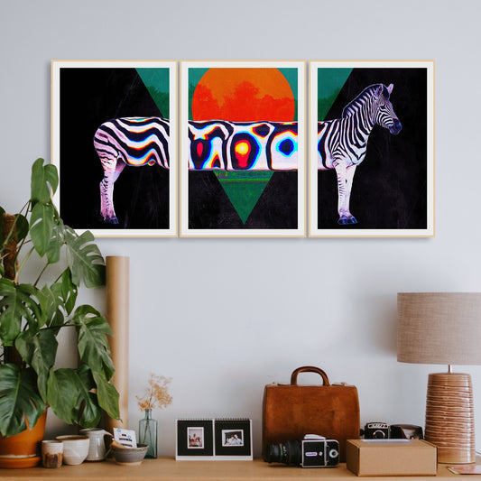 Set Of 3 Zebra Art Print, Zebra Poster Set Home Decor,  Nature Art Poster Set, Abstract Animal Wall Art Gift, Glitch Art Print By Ali Gulec