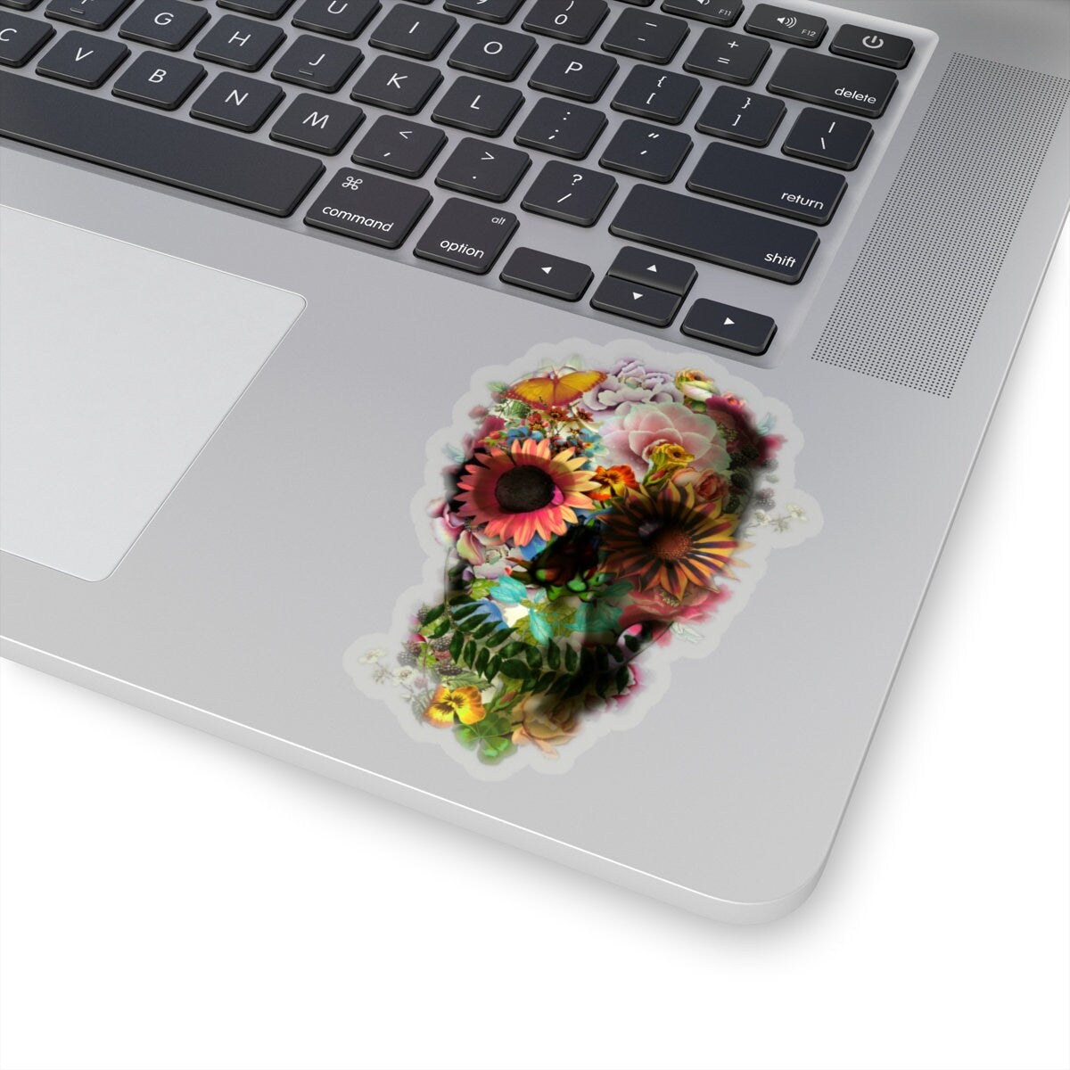 Flower Skull Sticker, Floral Skull Laptop Sticker, Sugar Skull Bubble-free Sticker, Nature Gothic Sugar Skull Art Print Sticker