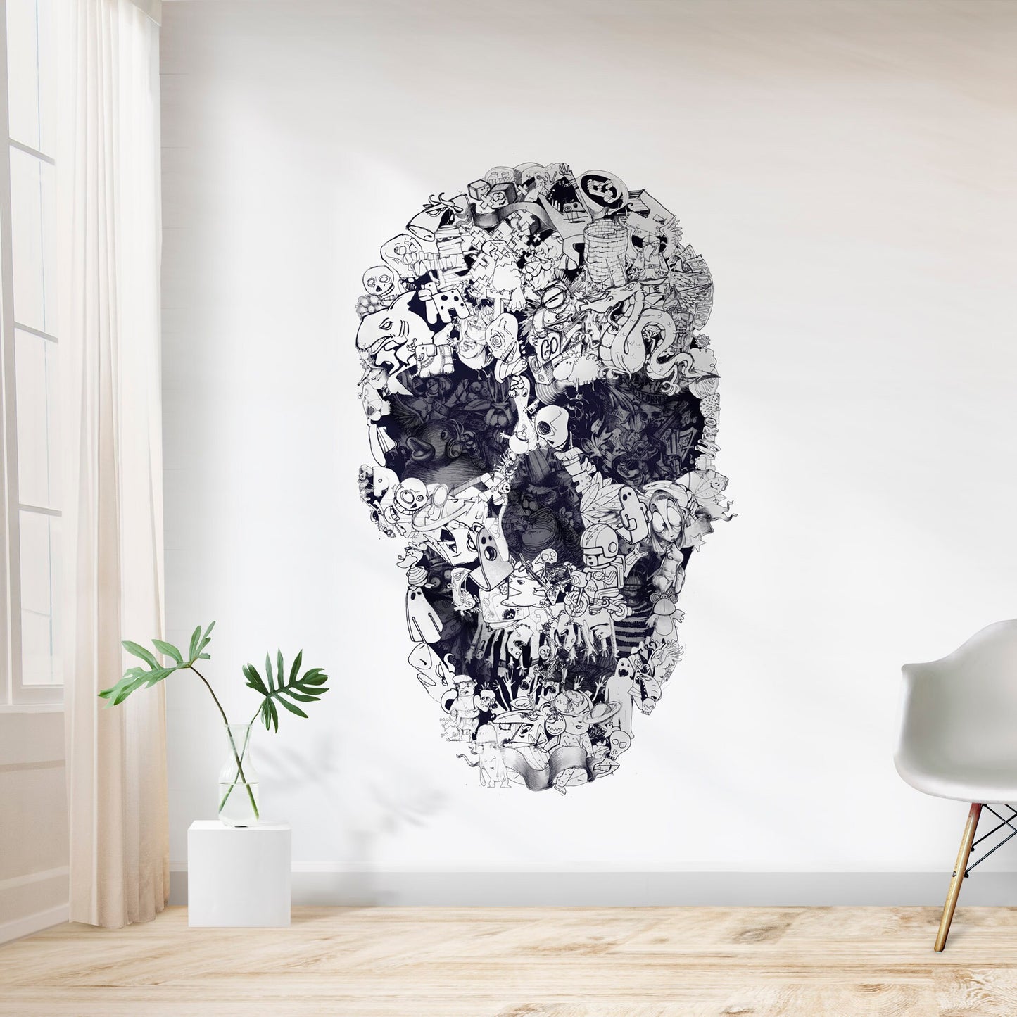 Skull Wall Decal, Skull Drawing Wall Sticker, Black And White Sugar Skull Wall Art Home Decor, Gothic Skull Wall Art Gift, Skull Wall Decal