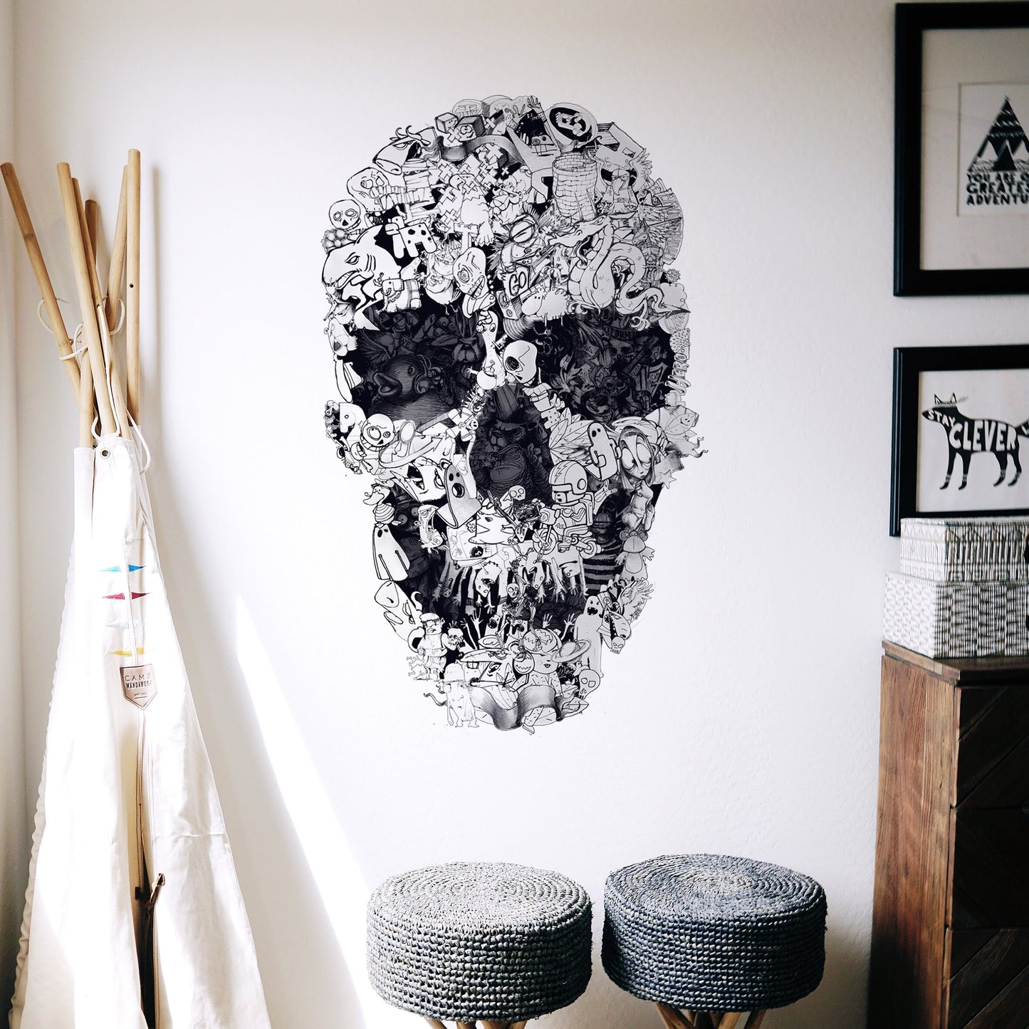 Skull Wall Decal, Skull Drawing Wall Sticker, Black And White Sugar Skull Wall Art Home Decor, Gothic Skull Wall Art Gift, Skull Wall Decal