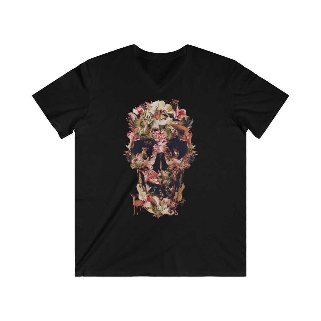 Jungle Skull Men's T-shirt, Flower Skull Mens V-Neck Tee, Original Sugar Skull Mens TShirt, Skull Print Shirt Gift For Him, Art By Ali Gulec