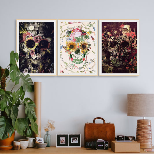 Set Of 3 Skull Poster, Boho Flower Skull Set Home Decor, Floral Sugar Skull Wall Art Print Set, Gothic Decor Skull Art House Warming Gift