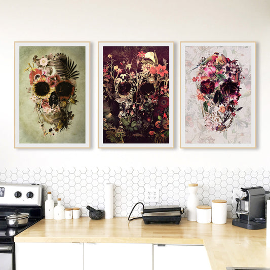 Set Of 3 Flower Skull, Nature Skull Set Home Decor, Gothic Skull Poster Set, Sugar Skull Wall Art Gift, Floral Skull Art Prints By Ali Gulec