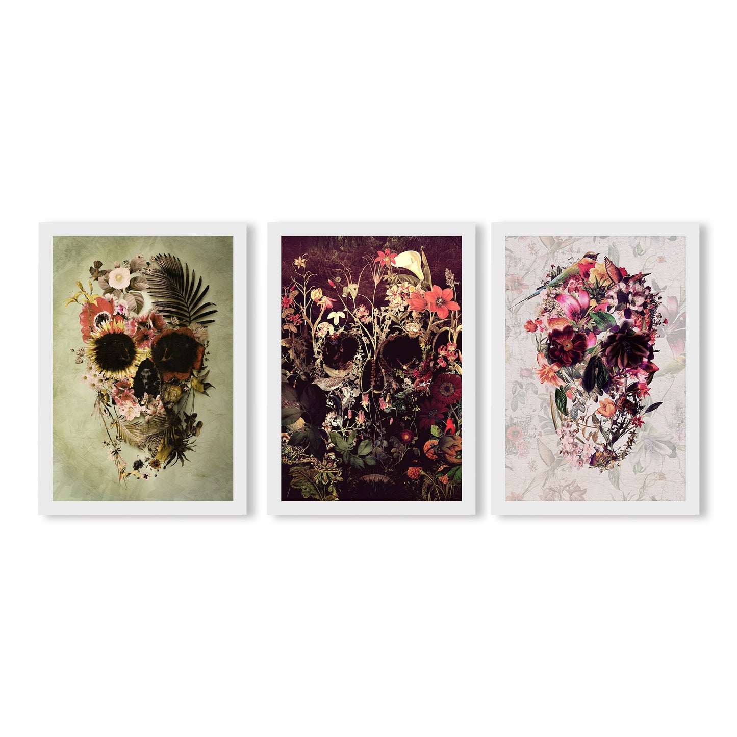 Set Of 3 Flower Skull, Nature Skull Set Home Decor, Gothic Skull Poster Set, Sugar Skull Wall Art Gift, Floral Skull Art Prints By Ali Gulec