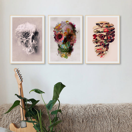 Set Of 3 Skull Print, Boho Flower Skull Poster Set Home Decor, Floral Sugar Skull Wall Art Print Set, Gothic Skull Art Print Home Decor Gift