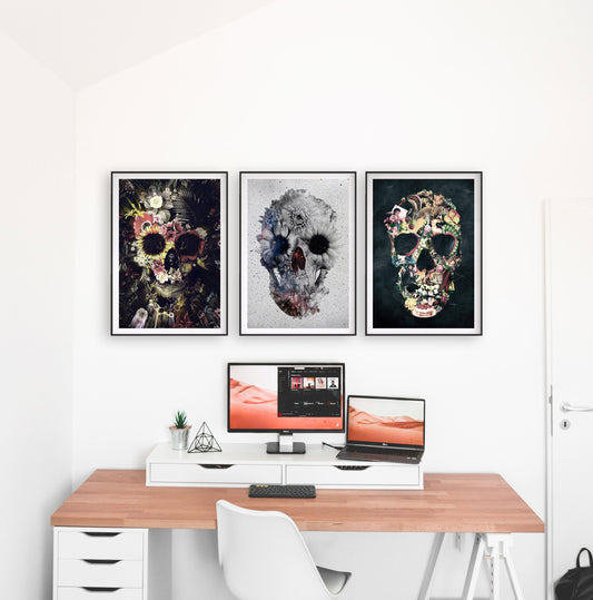 Set Of 3 Gothic Skull, Floral Sugar Skull Set Home Decor, Flower Skull Poster Set, Gothic Skull Wall Art Gift