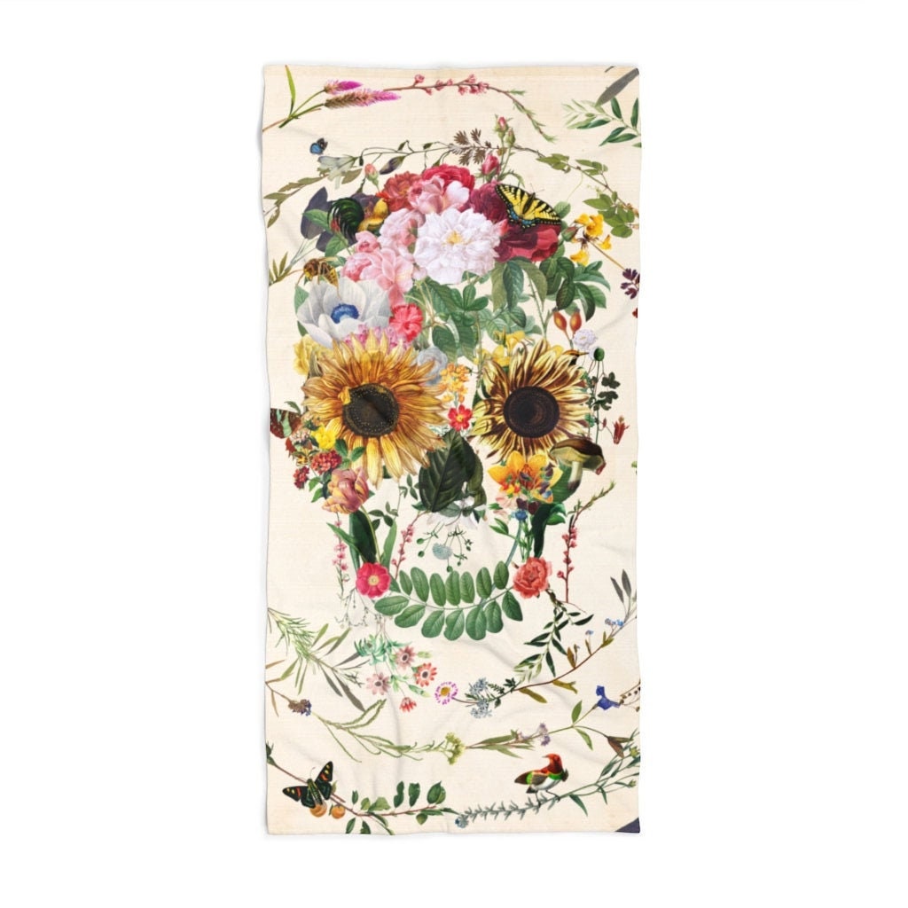 Floral Skull Beach Towel, Flower Sugar Skull Print Soft Beach Towel, Gothic Boho Skull Gift, Skull Art Beach Towel