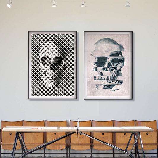 Skull Print Set, Set Of 2 Skull Prints, Modern Skull Home Decor, Abstract Skull Poster, Glitch Art Home Decor, Skull Wall Art Print Gift