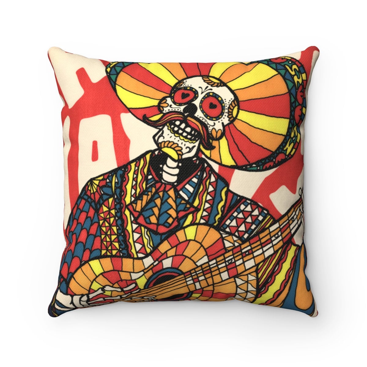 Mariachi Skull Throw Pillow, Mexican Skull Spun Polyester Square Pillow, Gothic Sugar Skull Home Decor, Colorful Skull Pillow Decor Gift