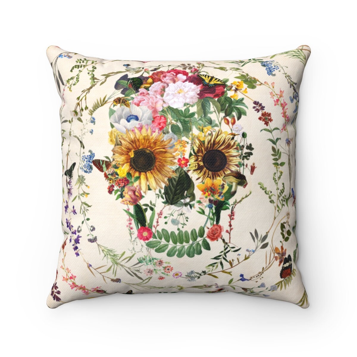 Flowery Skull Throw Pillow, Floral Skull Spun Polyester Square Pillow, Gothic Sugar Skull Home Decor, Boho Skull Pillow Decor Gift