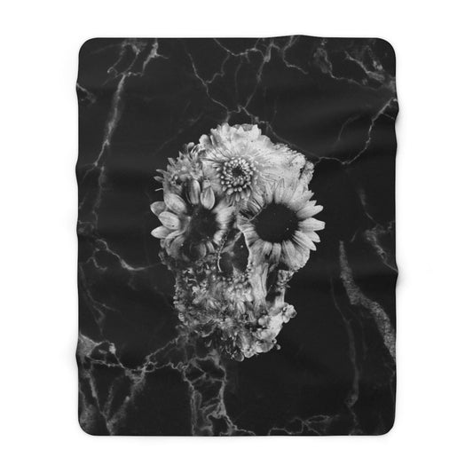 Marble Skull Sherpa Fleece Blanket, Dark Skull Art Cozy Fleece Blanket, Floral Skull Plush Back Fluffy Throw Blanket, Gothic Home Decor Gift