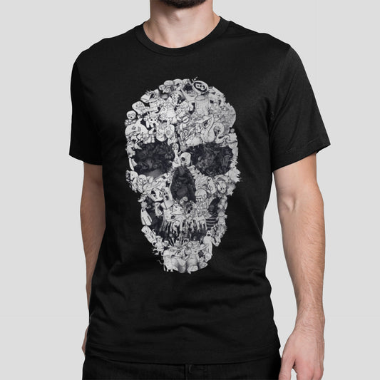 Doodle Skull Men's T-shirt, Skull Art Print Mens Tshirt, Black And White Mens Graphic Tees, Skull Print Gift For Him