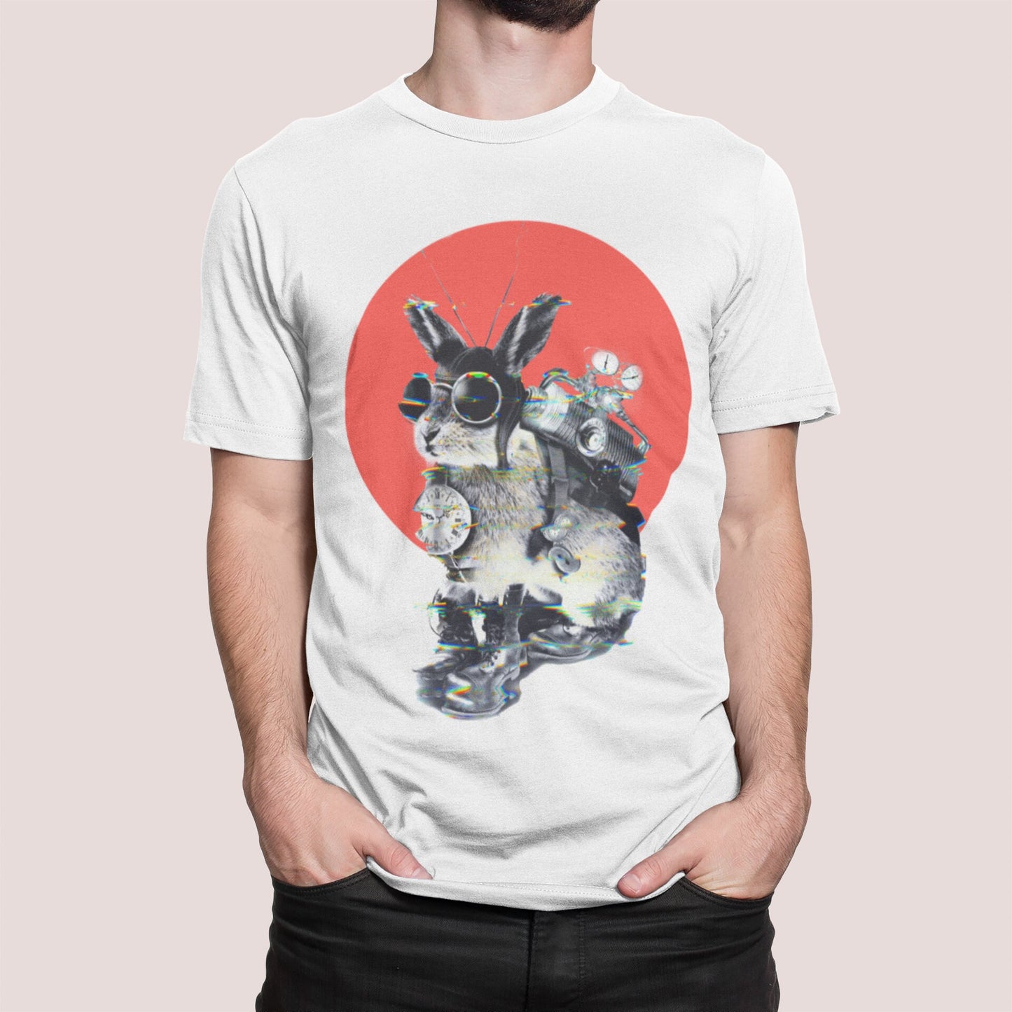 Time Traveler Animal Illustration Printed Mens T shirt, Steampunk Art Print Shirt, Bunny Art Graphic Tee Gift For Him, Bella Canvas Shirt