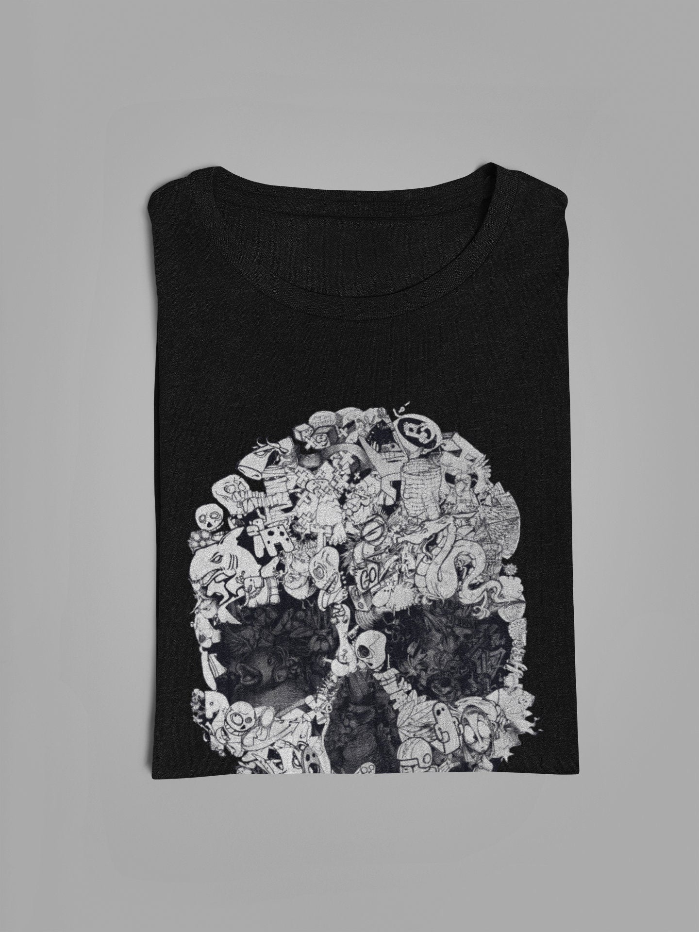Doodle Skull Men's T-shirt, Skull Art Print Mens Tshirt, Black And White Mens Graphic Tees, Skull Print Gift For Him