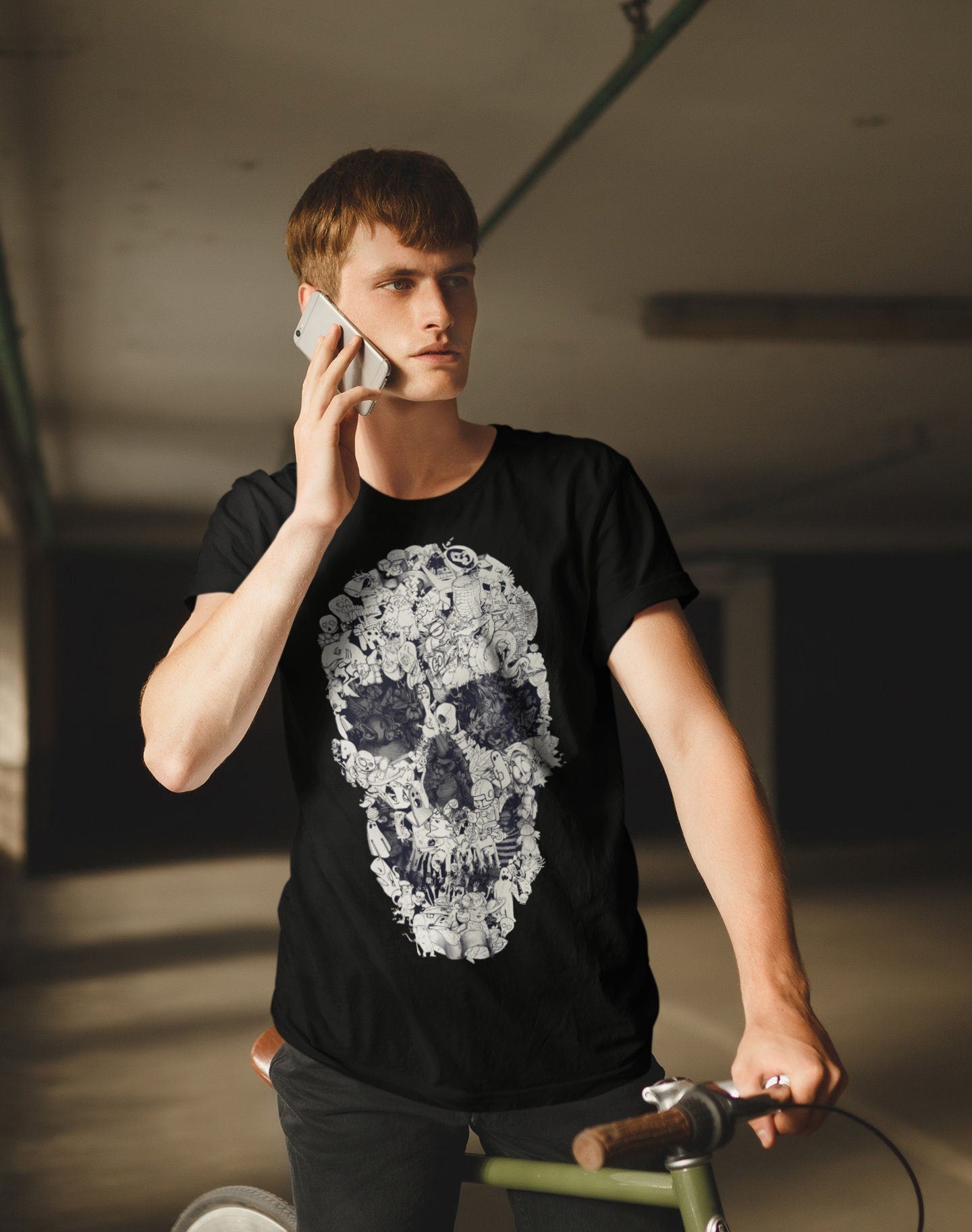 Doodle Skull Men's T-shirt, Skull Art Print Mens Tshirt, Black And White Mens Graphic Tees, Skull Print Gift For Him