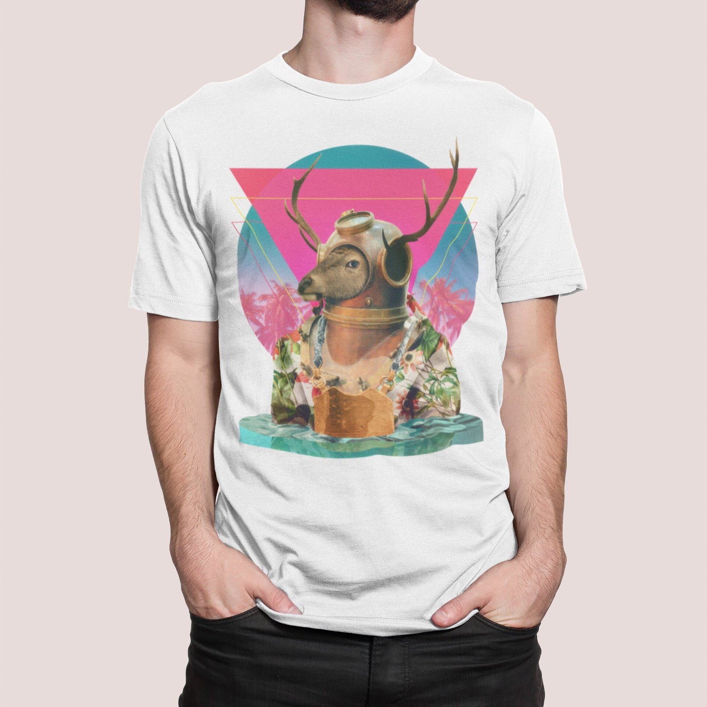 Summer Deer Men's Printed T-shirt, Funny Deer Men's Tee,Bella Canvas Cotton Printed Mens Tshirt, Cool & Cute Animal Print T Shirt By ikiiki