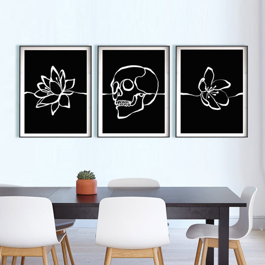 Set Of 3 Line Art Print, Minimal Art Poster Set Home Decor, Floral Skull Wall Art Gift Poster Set, Gothic Skull Set Sugar Skull Art Print