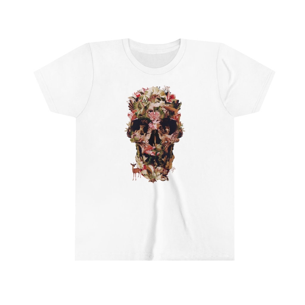 Jungle Skull Youth Short Sleeve Tee, Floral Skull Youth Size T-Shirt, Gothic Skull Art Shirt For Youth