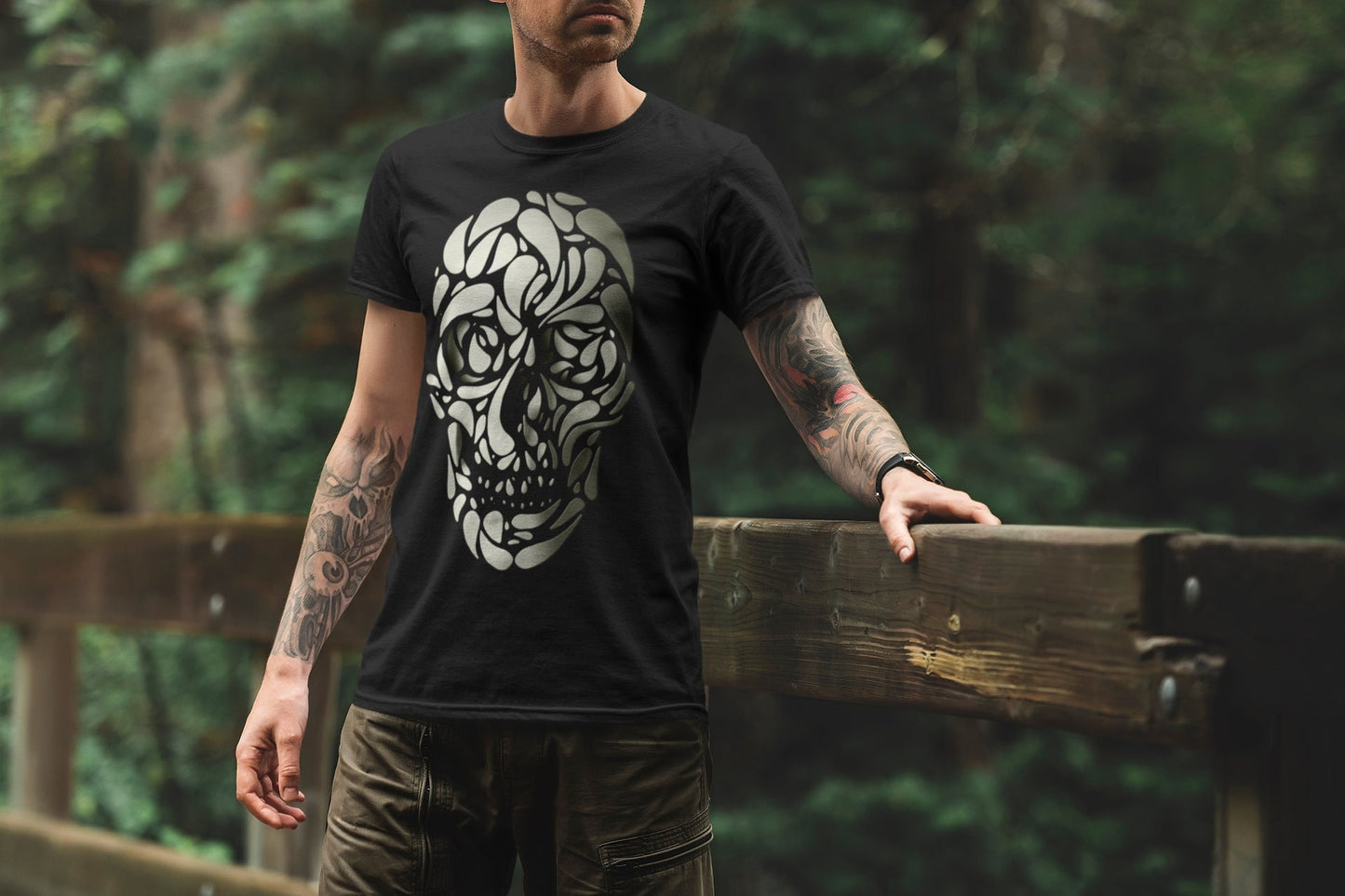 Mens Skull Tshirt, Black And White Skull T shirt, Man Gothic Clothing, Sugar Skull Shirt Gift For Him, Gothic Skull Tshirt