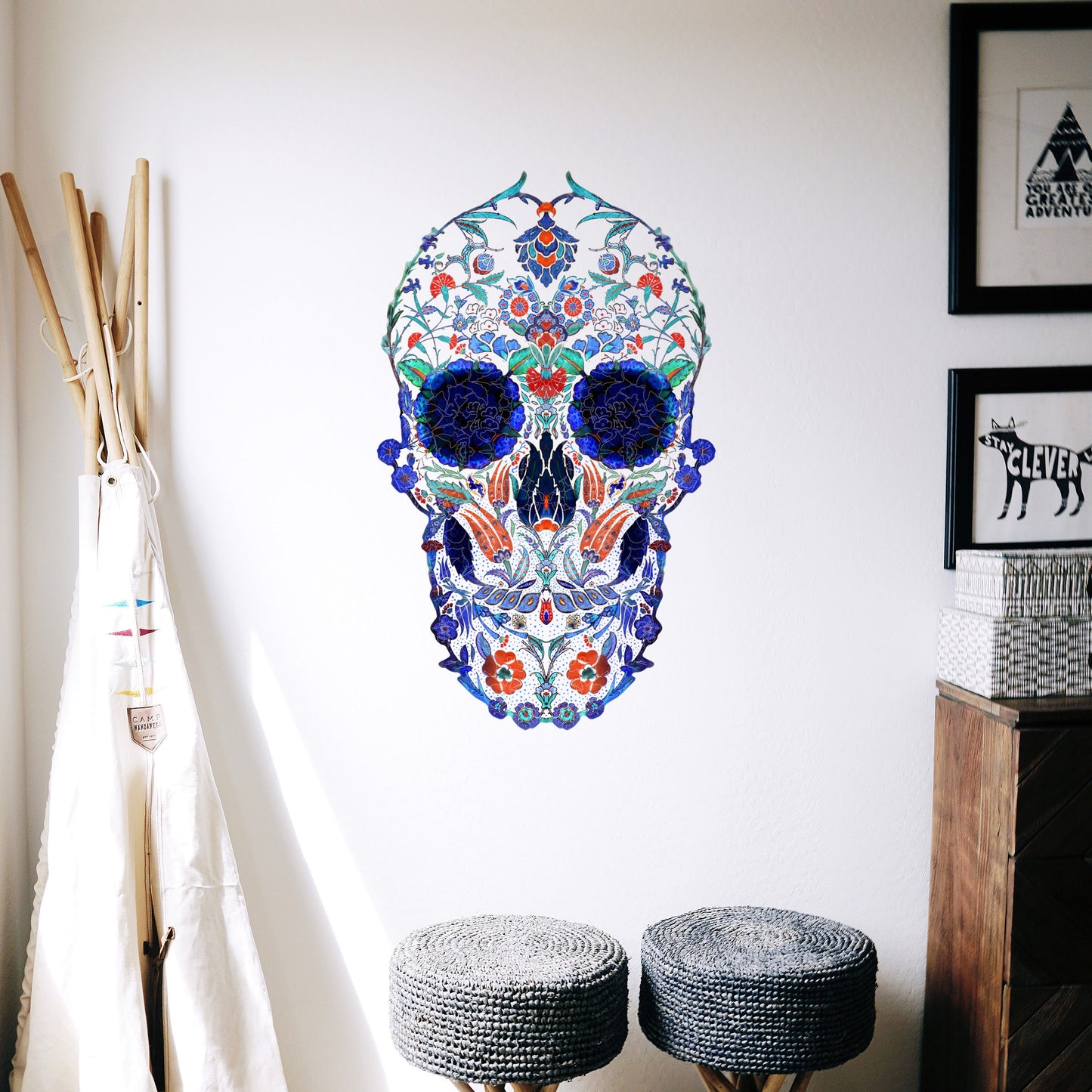 Skull Wall Decal, Boho Skull Wall Sticker, Sugar Skull Art Home Decor, Vinyl Gothic Skull Wall Art Gift, Large Sugar Skull Art Wall Decal
